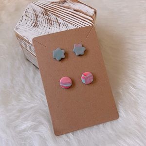 Pink Purple Marbled & Blue Flower Stud Earrings